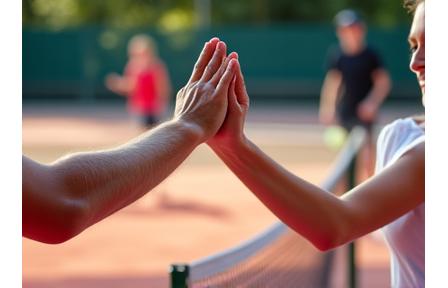 Two pickleball players high-fiving over a net, symbolizing community.
