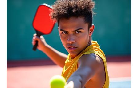 Energetic pickleball player mid-swing, showing intensity and passion.